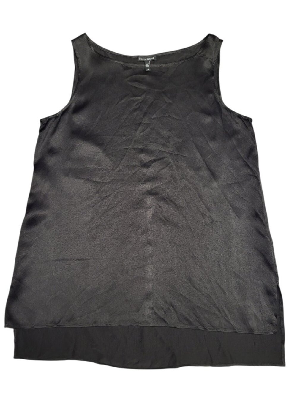 Eileen Fisher 100% Silk Sleeveless Tunic Tabk Top Black Hi-Low Size Large